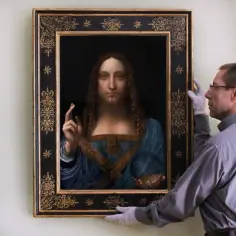 Mężczyzna w białych rękawiczkach wiesza obraz "Salvator Mundi". Dzieło przedstawia Jezusa z kulą w dłoni.