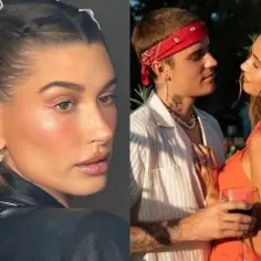 Hailey Bieber w ciąży, z uroczymi kokardkami we włosach i różowym makijażem, obok Justina.