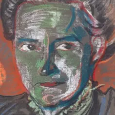Portret kobiety w intensywnych barwach, z charakterystycznym dla Witkacego ekspresyjnym spojrzeniem.
