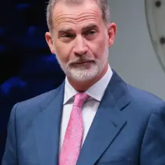 Król Filip VI w niebieskim garniturze i różowym krawacie, z siwą brodą, podczas przemówienia.