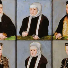 Portrety rodowe Habsburgów: mężczyźni w czarnych strojach i bogatych klejnotach, kobiety w nakryciach głowy i ozdobnych sukniach.