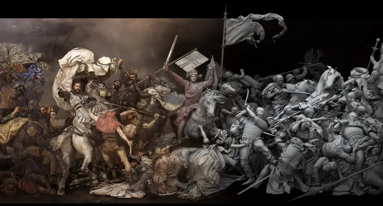 Dynamiczna scena bitwy pod Grunwaldem, obraz przedstawiający zmagania rycerzy, koni i chorągwi w wirze walki.